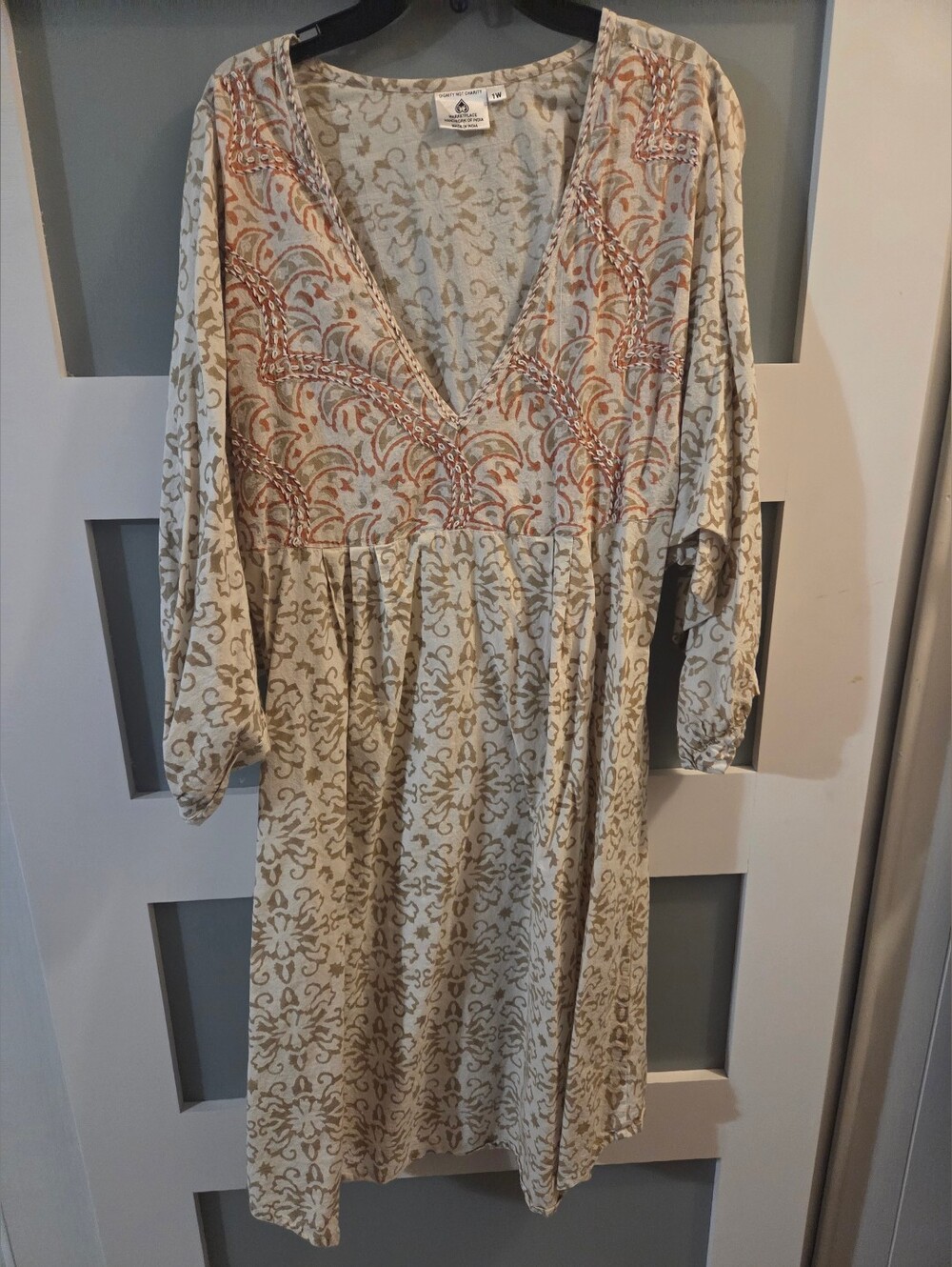 Boho V-Neck Embroidered Cream & Rust Women's Dress Boho Hippy